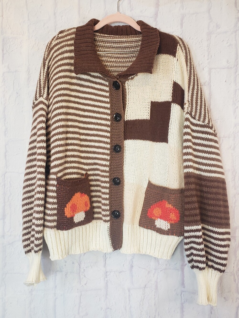 SHEIN Button Front Cardigan Sweater Mushrooms & Patchwork 3XL